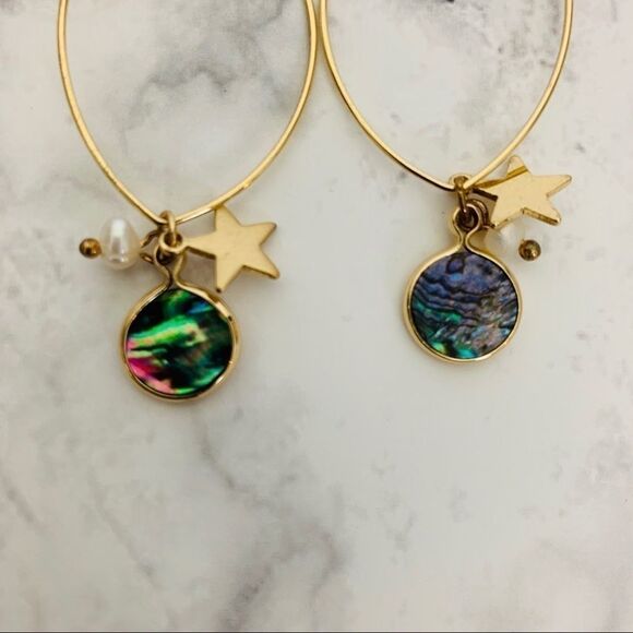 Abalone, Pearl & Star Charm Drop Hoop Earrings - Picture 7 of 8